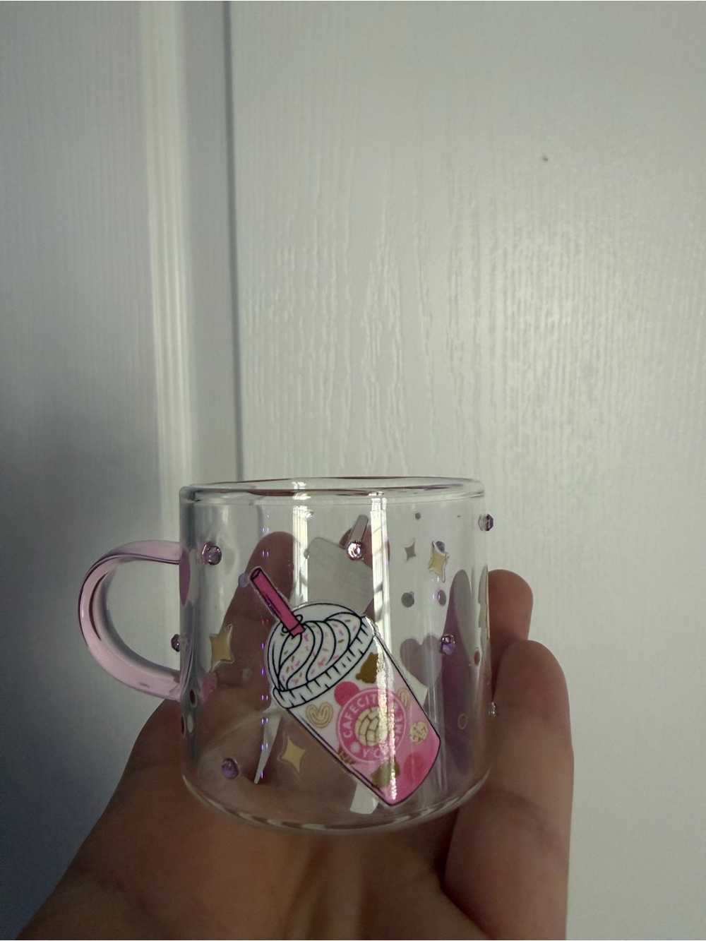 Clear Glass Espresso cup with Pink Handle